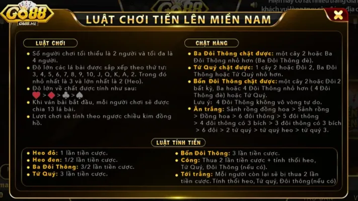 Tiến Lên Miền Nam Go88 - Trải Nghiệm Game Xanh Chín 2 Luật chơi và cách tính tiền game bài Tiến lên kiểu miền Nam