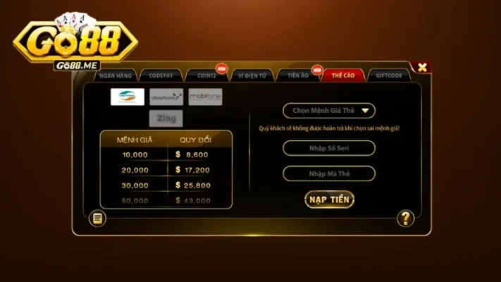 Nạp Tiền Go88 - 4 Kênh Giao Dịch Nhanh Chóng Và An Toàn 4 Người chơi có thể sử dụng thẻ cào điện thoại để nạp tiền chơi game dễ dàng